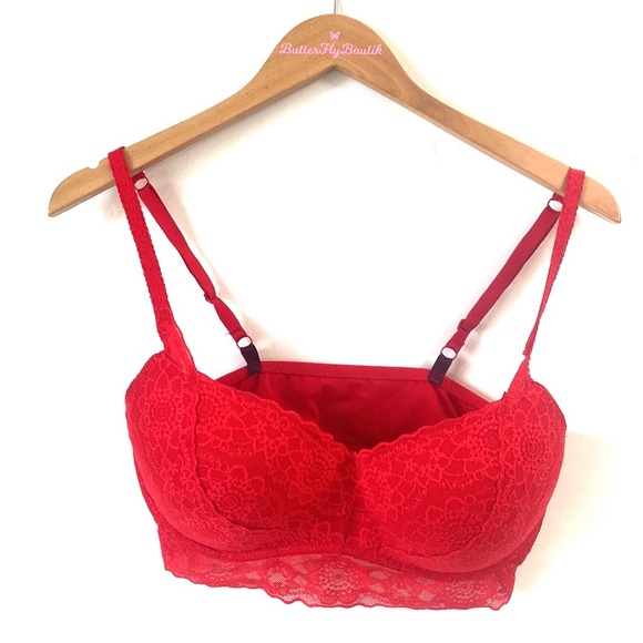 (A55) Victorias Secret PINK Lace Padded Push Up Bralette Bra Red, Sz L DD)/G(DD) - Picture 3 of 10